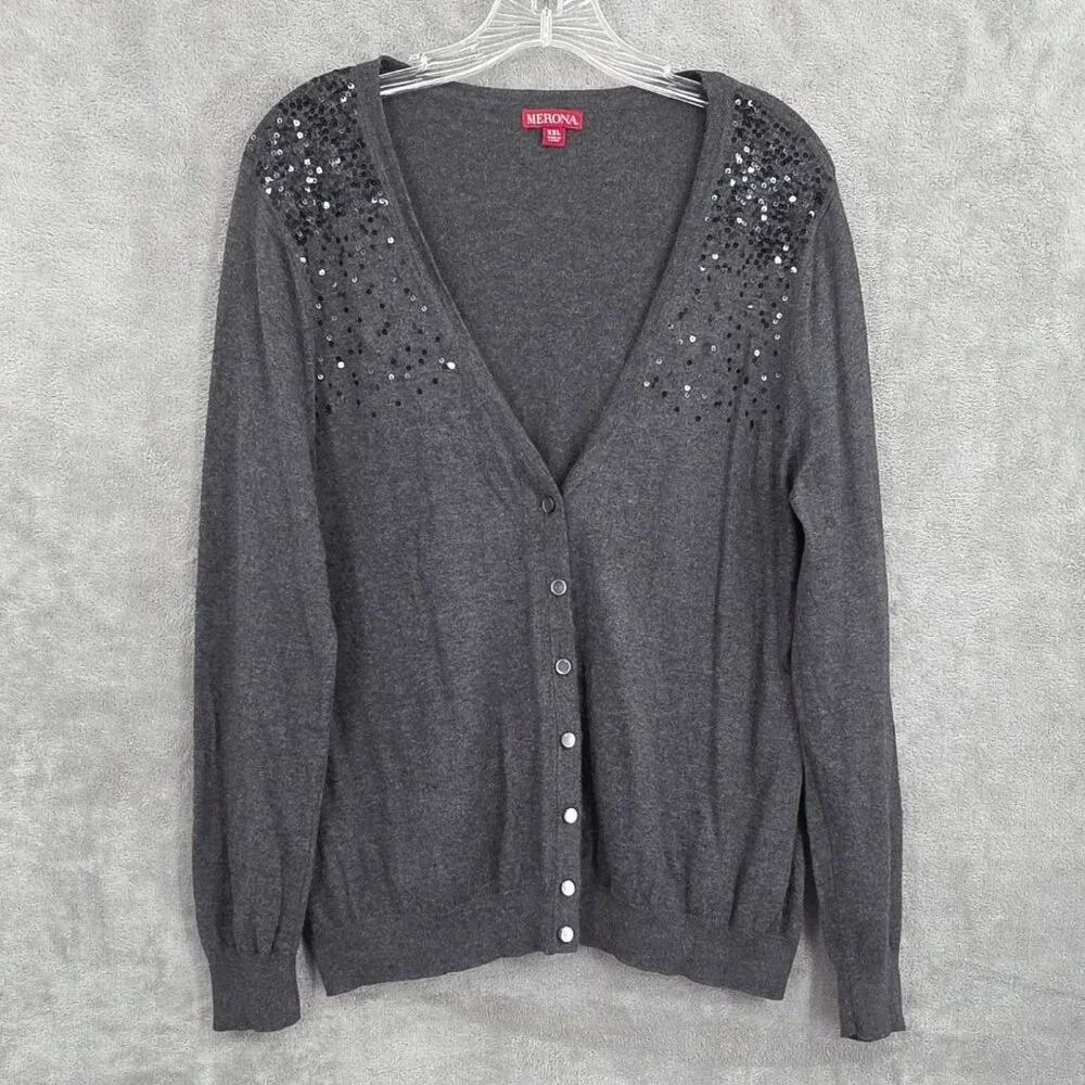 Merona Cardigan Sweater Bundle XXL Black White Grey Stripe Bling Button Up Knit